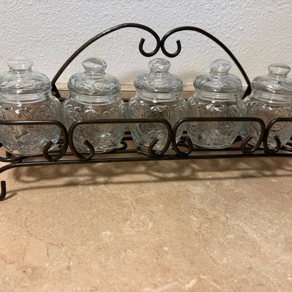 Princess House Glass Jars with Brown Metal Rack